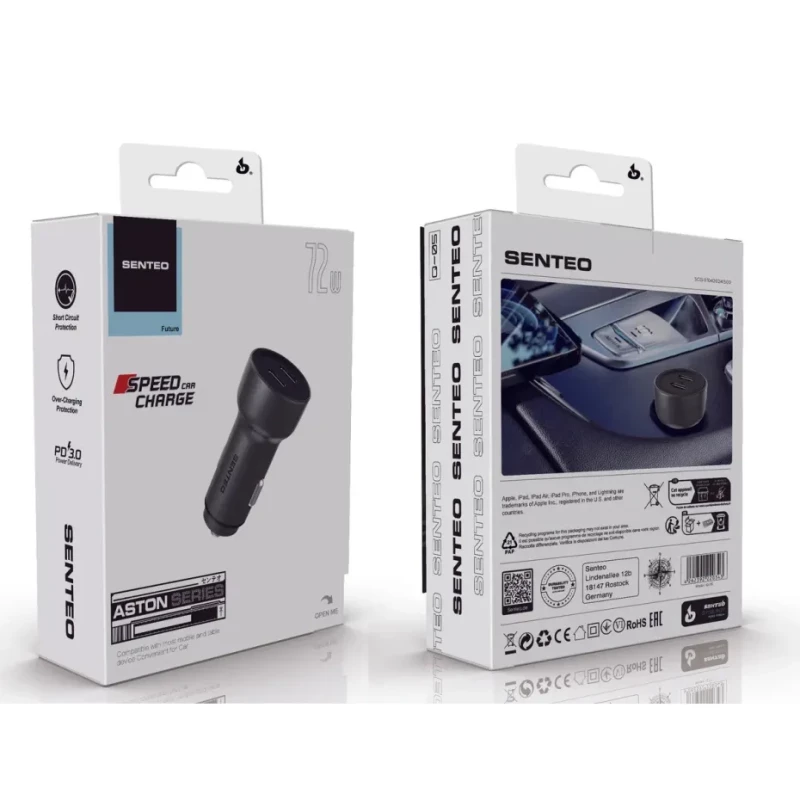 Автомобильное зарядное устройство SENTEO Q-05 2USB-C PD/QC 72W 3A Black - Зображення 1