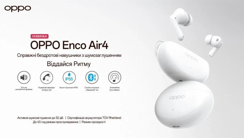 Наушники OPPO Enco Air4 Silky White (6932169351300) - Зображення 5