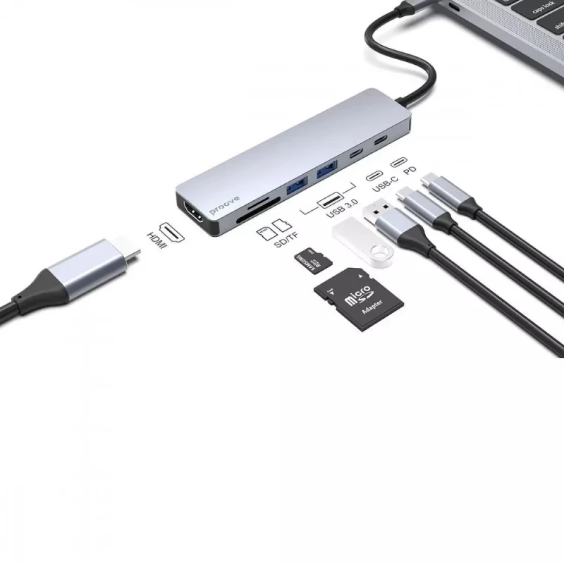 Type-C-Хаб Proove Iron Link 7 in 1 (2*Type-C + 2*USB3.0 + HDMI + SD/TF) (silver) (HBIL00222004) - Зображення 3