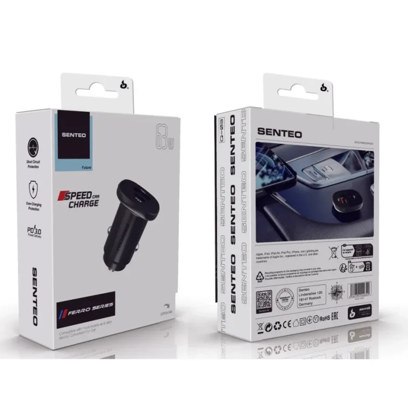 Автомобильное зарядное устройство SENTEO Q-03 USB + USB-C PD/QC 63W 3A Black - Зображення 1