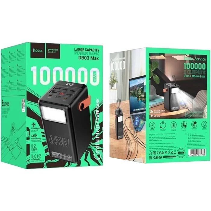 HOCO 100000mAh Max Centurion PD/65W, QC, LED Lamp, Black (DB03 / 714722) (UA) - Зображення 4