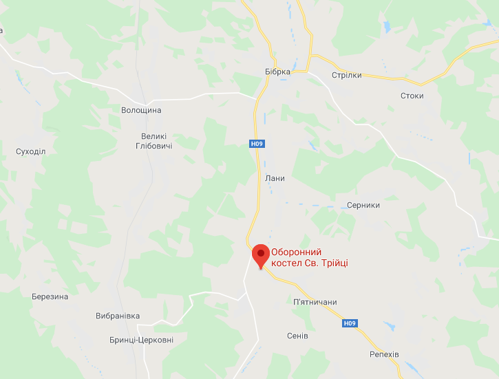 Місце розташування костелу Місце розташування костелу