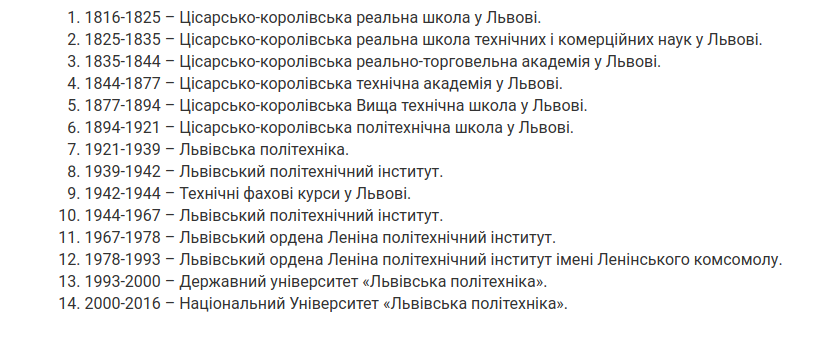 Львівська політехніка змінювала чотирнадцять назв, Знімок екрану: lpnu.ua