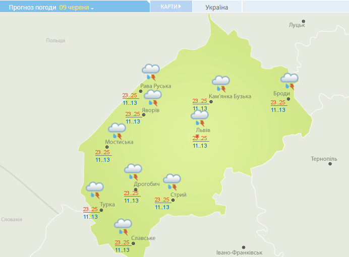 Прогноз на 9 червня, Скріншот з сайту Укргідрометцентру