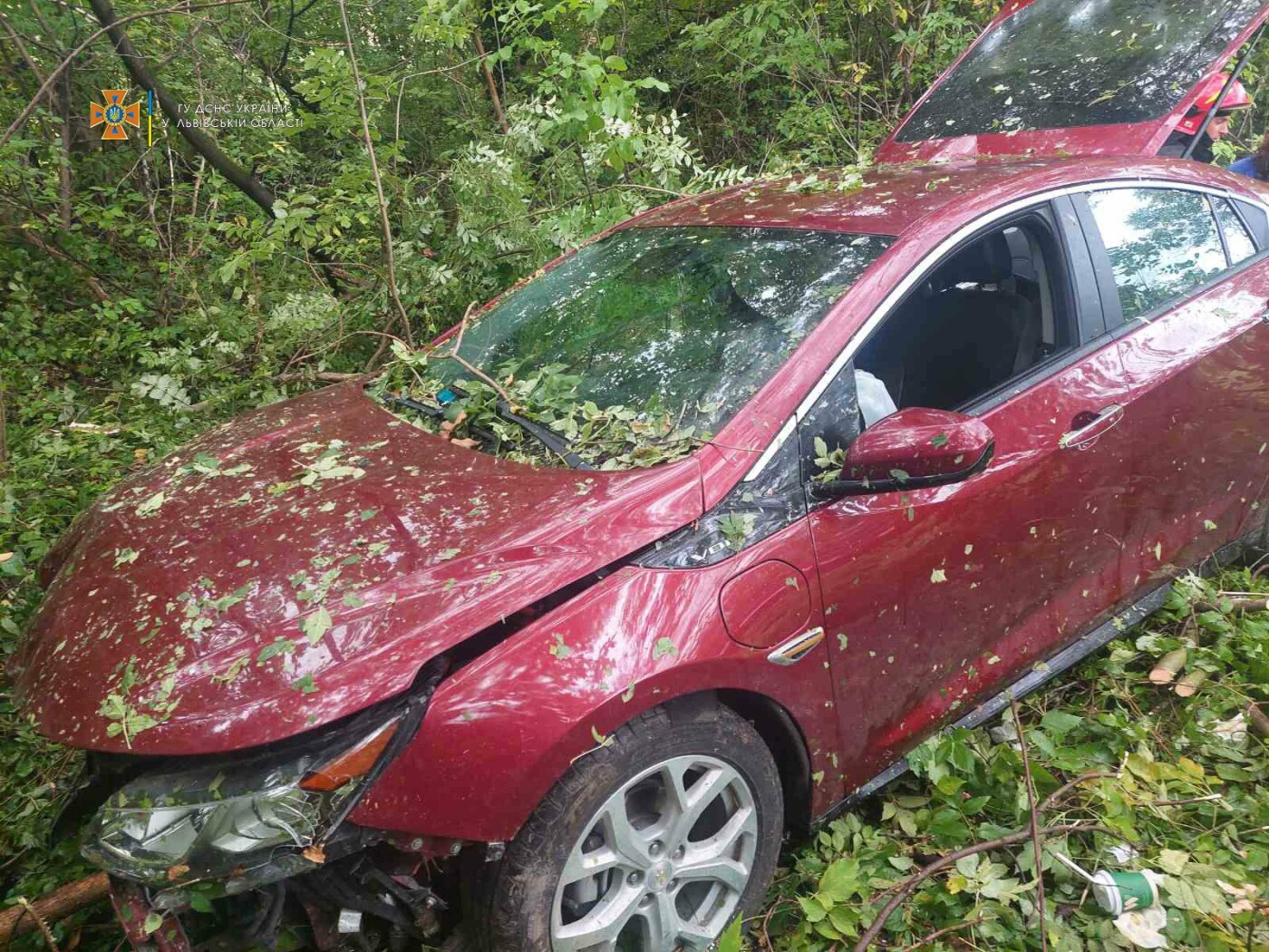 На Львівщині водійка Chevrolet вилетіла у кювет та застрягла між деревами, - ФОТО