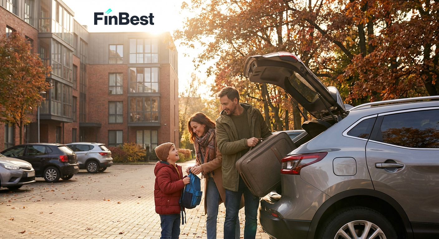 Українська родина пакує валізи біля авто перед поїздкою.